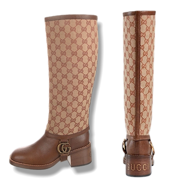 NIB Gucci Lola Beige GG Monogram Luxury Canvas Leather Tall Riding Boots & Box - Picture 1 of 9